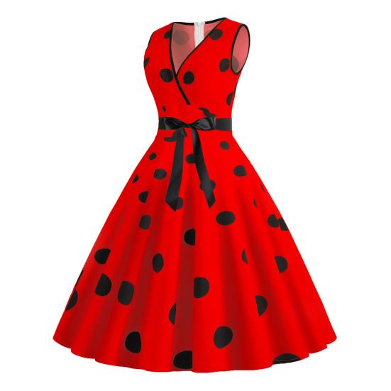 Женское вечернее платье, винтажное контрастное цветное платье в горошек с бантом на талии, трапециевидной формы с большими качелями, тонкое платье без рукавов с открытой спиной и V-образным вырезом, платье миди в стиле принцессы