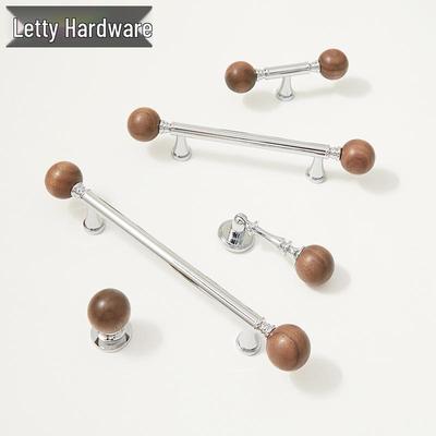 Античная латунь Француский ретро Длинная ручка-скоба с деревом грецкого ореха и серебряным круглым шаром для кухонных шкафов и гардеробов