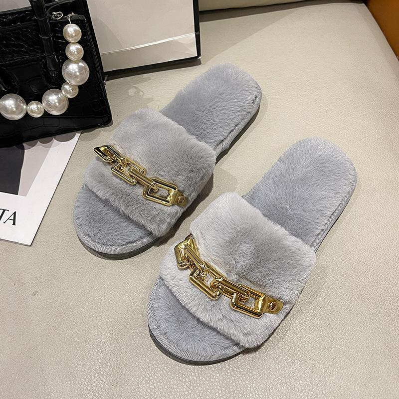 Новые хлопковые тапочки, модные металлические цепочки, теплые домашние плюшевые тапочки, женские удобные туфли на плоской подошве 2024