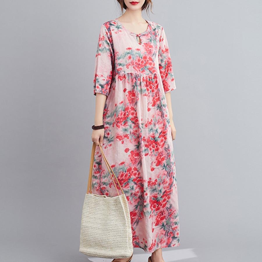 Этнический стиль Женское платье Лето Плюс Размер Принт Выше колена Рукав Семь Четвертей Длинные Платья