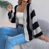 QICED Autumn and Winter Color-blocking Striped Flared Sleeve Cardigan Sweater Mid-length Coat Women's Wear