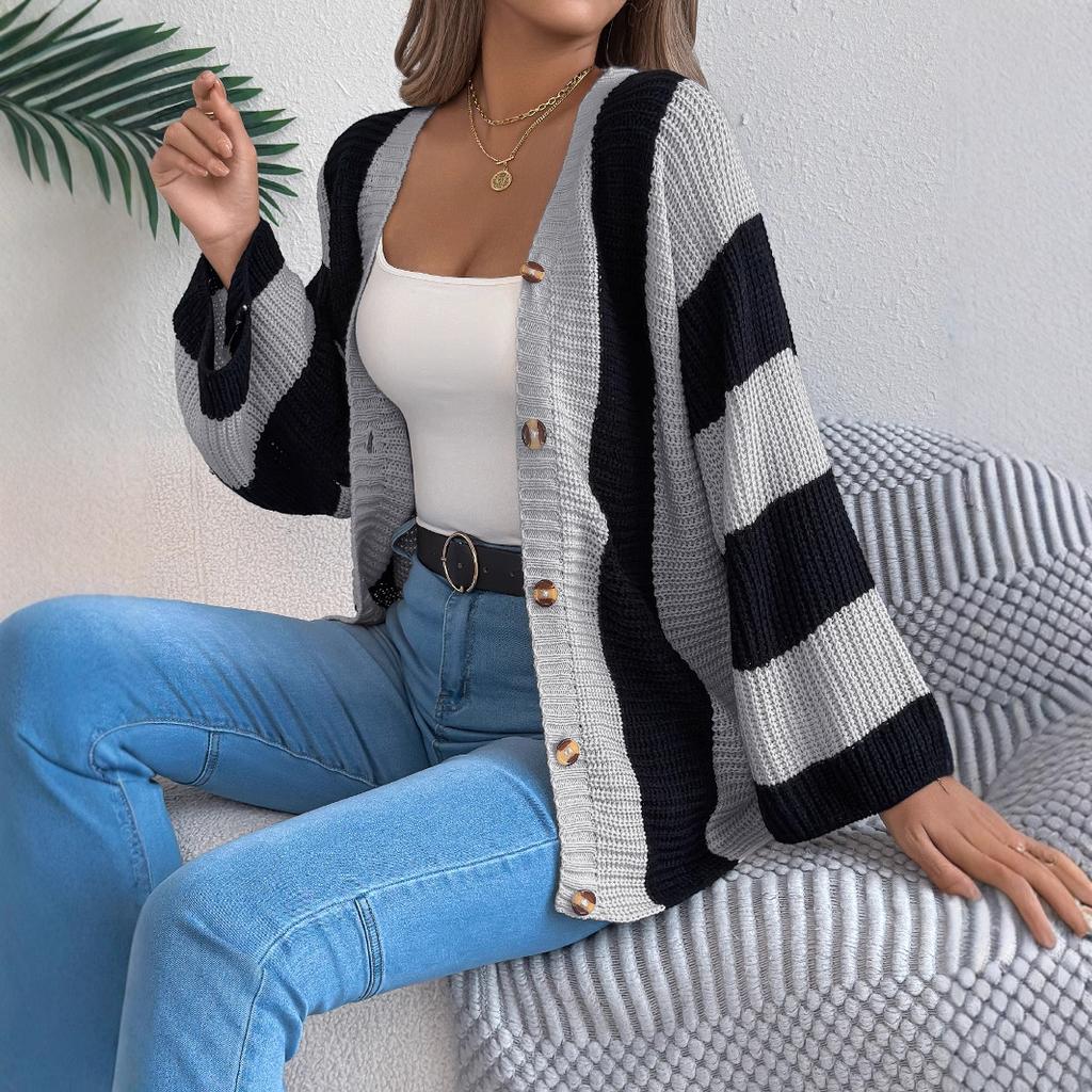 QICED Autumn and Winter Color-blocking Striped Flared Sleeve Cardigan Sweater Mid-length Coat Women's Wear