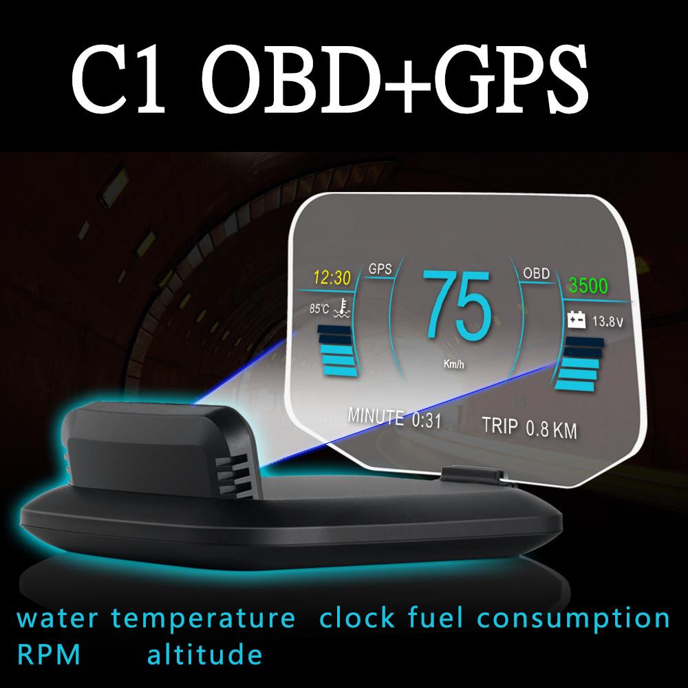 C1 OBD2 HUD Car Head Up Display GPS Navigation Projector Digital Smart Speed Gauge KMH MPH Overspeed RPM Alarm Plug and Play