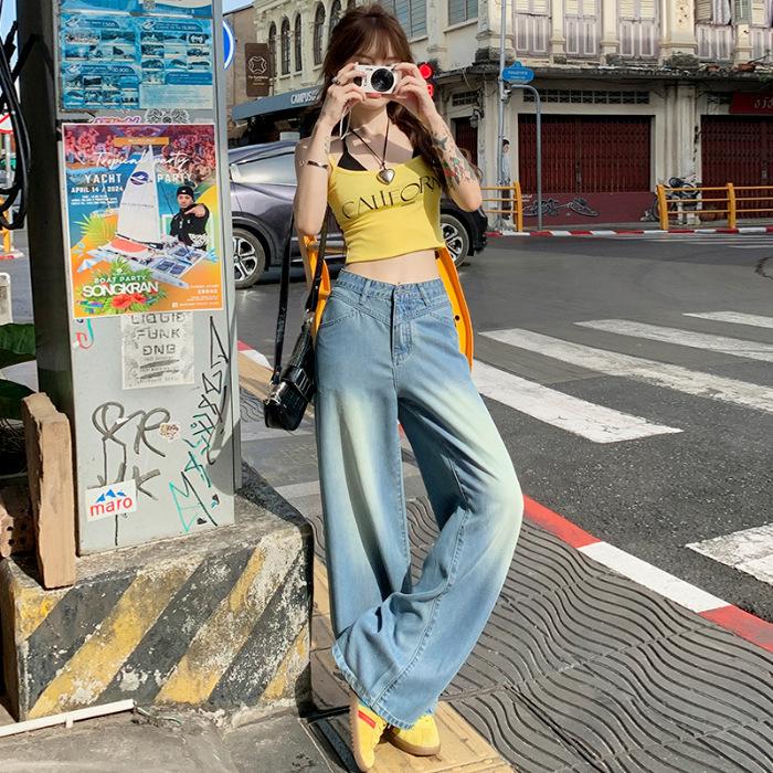 Теннисные джинсы для женщин Летние тонкие свободные прямые брюки с высокой талией Широкие брюки для женщин Летние шелковые брюки с широкими штанинами для женщин