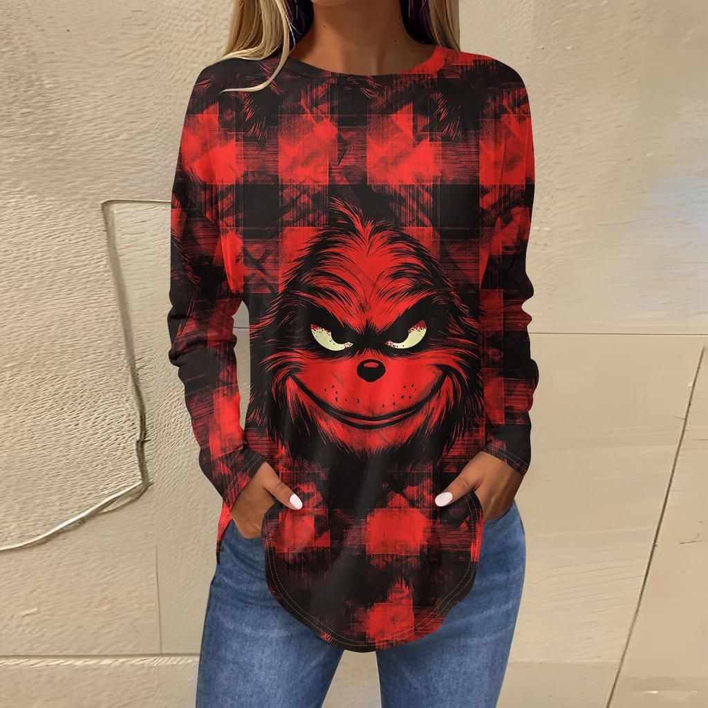 Женская свободная футболка с длинным рукавом с круглым вырезом и принтом, верхний пуловер