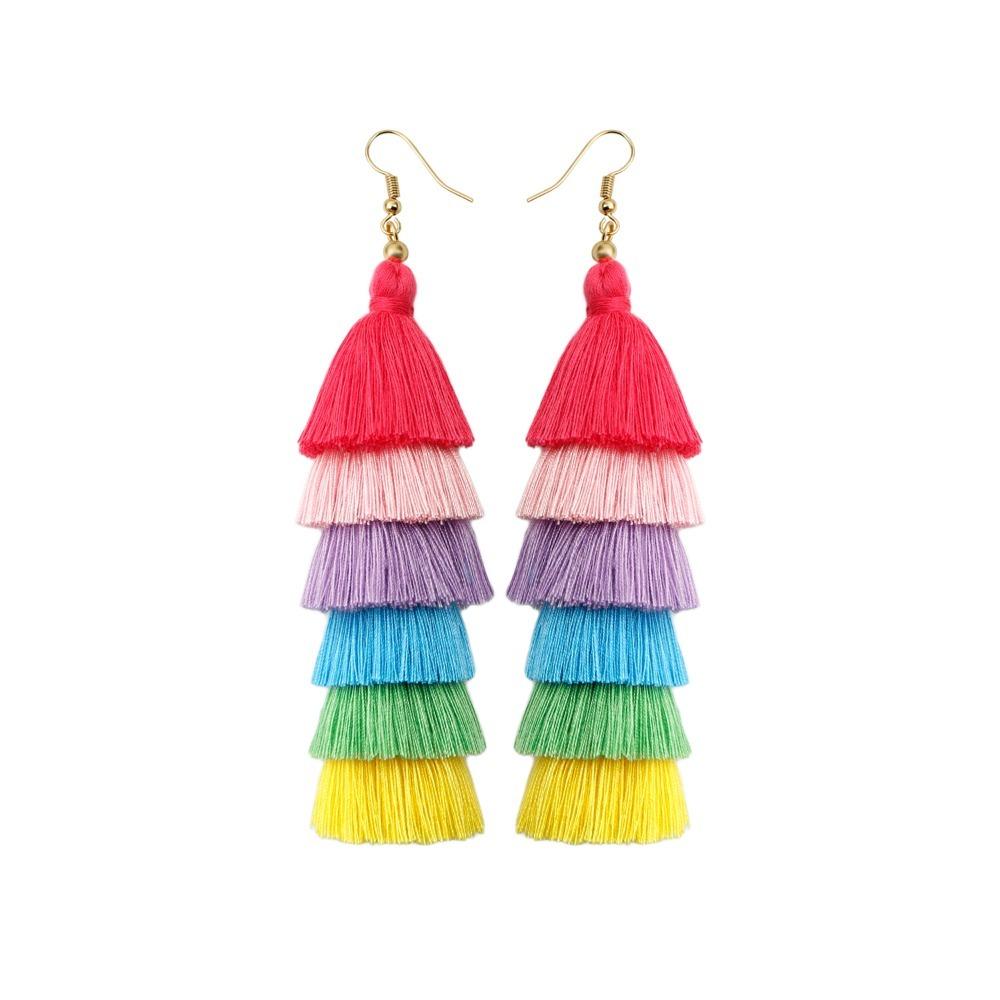 Bohemian Rainbow Earrings Colorful Braid Dangle Earrings Handmade Layered Tassel Earrings  Women