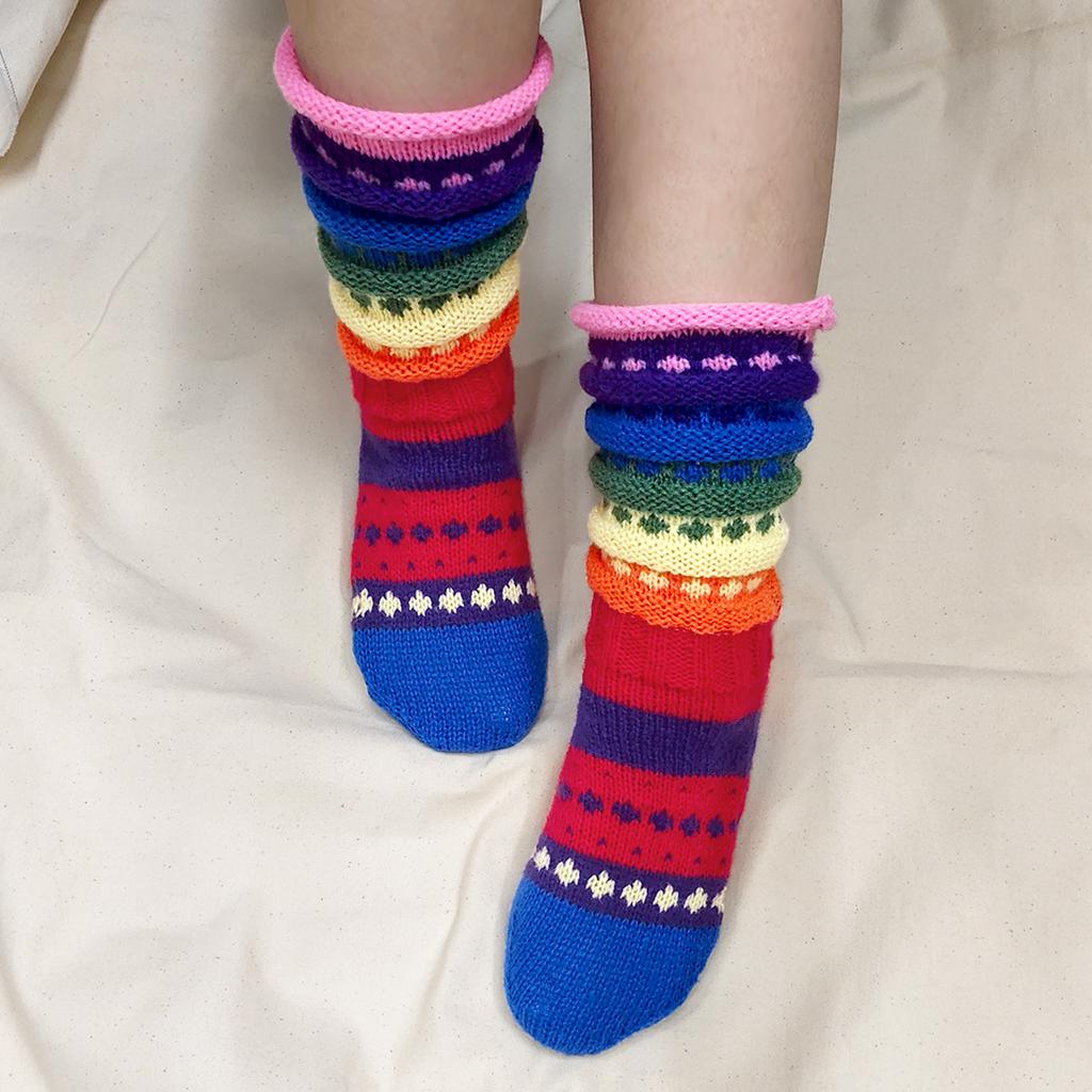 Autumn and Winter Colorful Patchwork Knitted Floor Socks, Warm Fashionable Comfortable Breathable Mid-calf Socks, Women's Socks with Stockings
