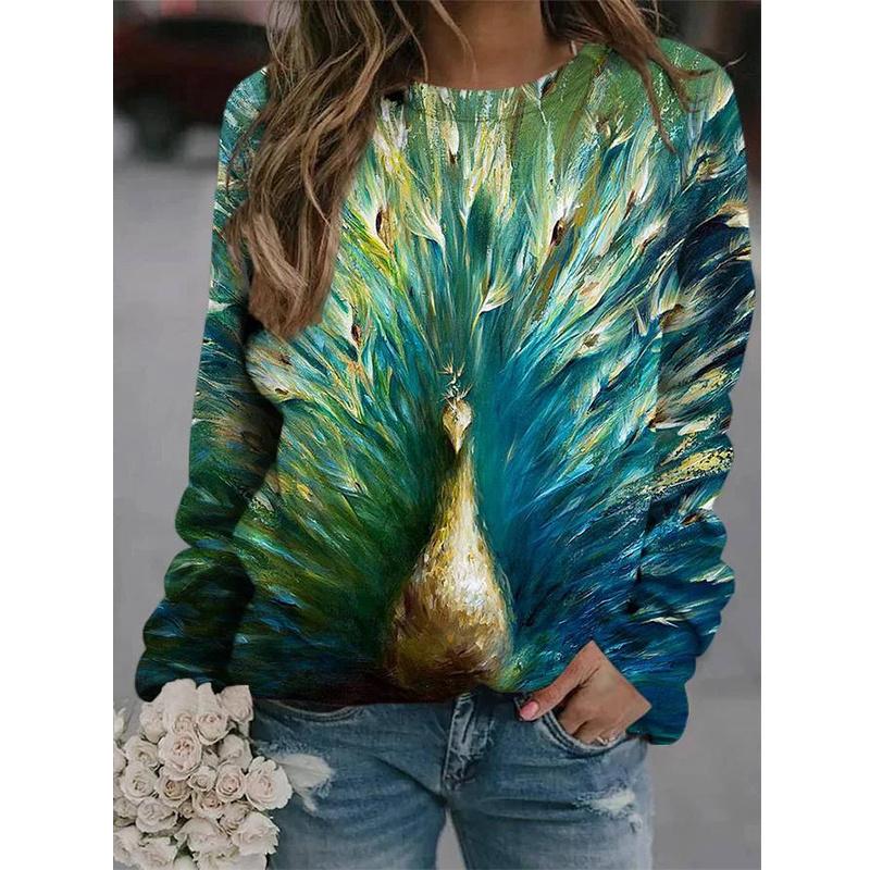 Spring And Autumn 3D Peacocks Printed Long Sleeve T Shirt Women Florals Pullover Harajuku Clothing Fashion Women Tops Sweatshirt