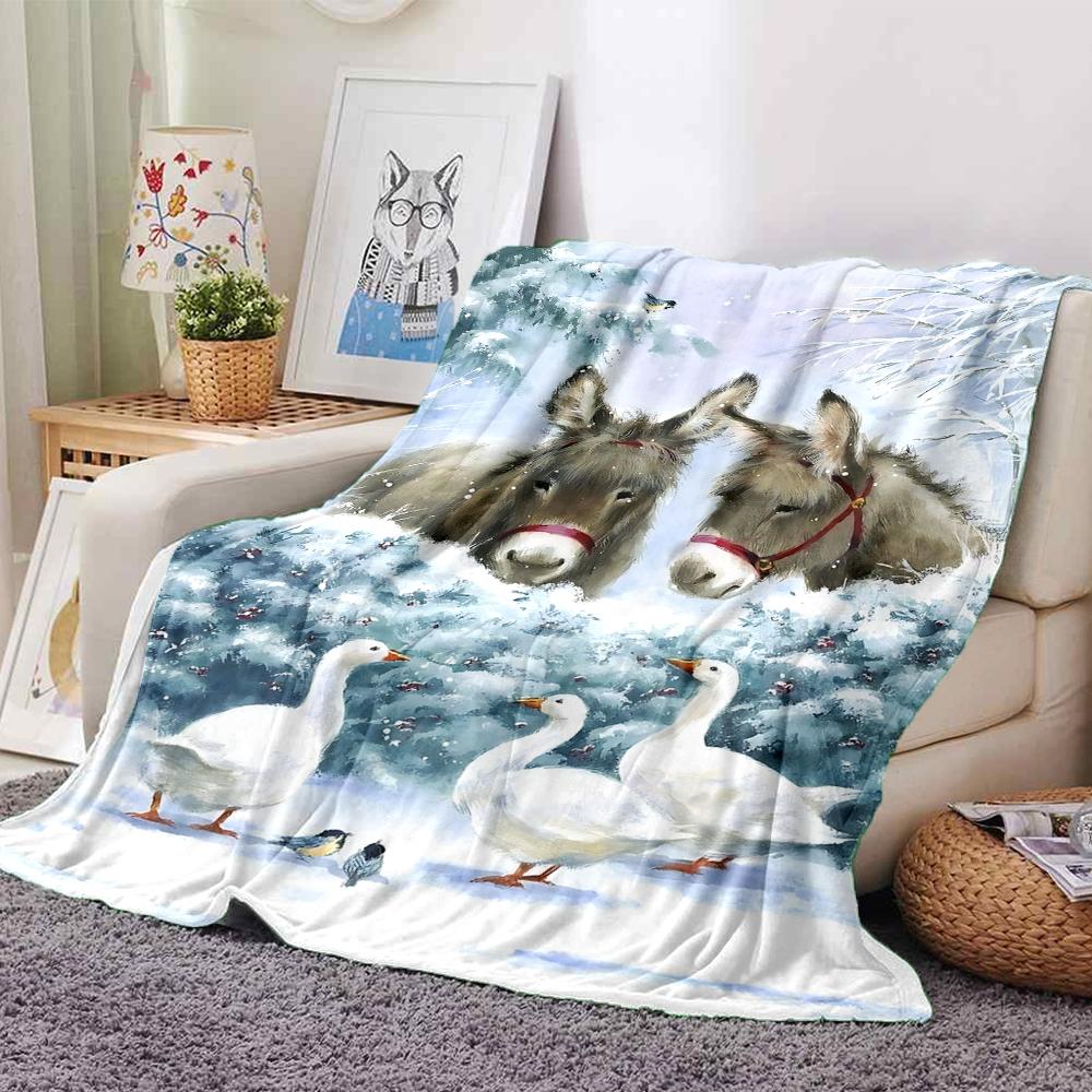 Winter Scene Donkeys Geese Blanket Soft Throw Blanket For Home Bedroom Bed Sofa Travel Office Solid Christmas Blanket