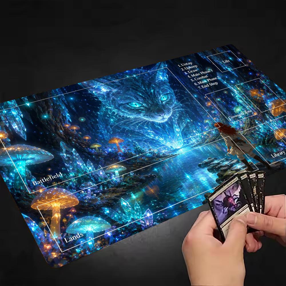 Fantasy Wonderland Mushroom Magical Forest Cat Art Large Size Table Mat Mousepad For Laptop Desktop Gaming