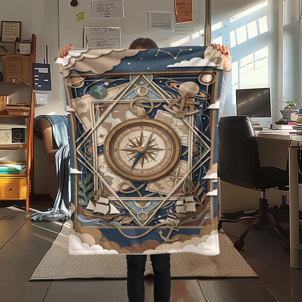 1Pc Compass Print Flannel Blanket, High quality Comfortable for All Seasons, Home Decor, Warmth and Comfort, Perfect for Christmas Gifts W168