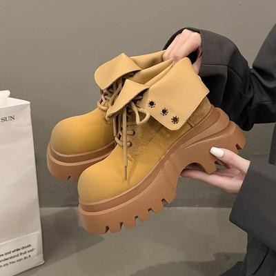 Ретро большие желтые ботинки Челси короткие ботинки женские 2025 осень новые универсальные круглый носок ретро повседневные на шнуровке короткие ботинки