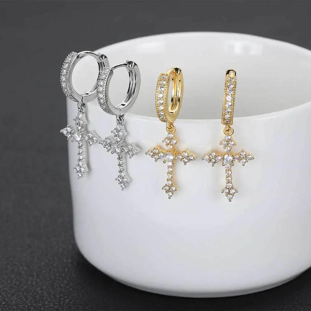 Goth Zircon Crystal Cross Drop Dangle Earring for Women Men Luxury Gold Silver Hoop Earrings Fashion Punk Jewelry