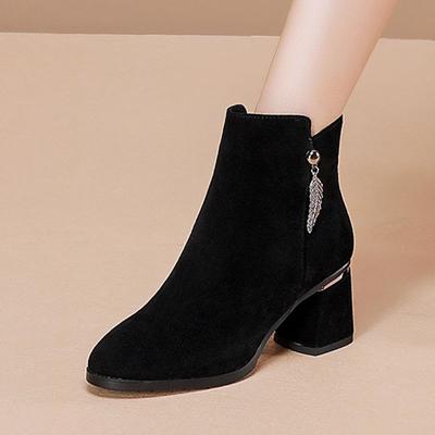 Женские сапоги осень-зима элегантные высокие каблуки ботильоны черные бархатные плюшевые теплые туфли модные остроносые сапоги на блочном каблуке