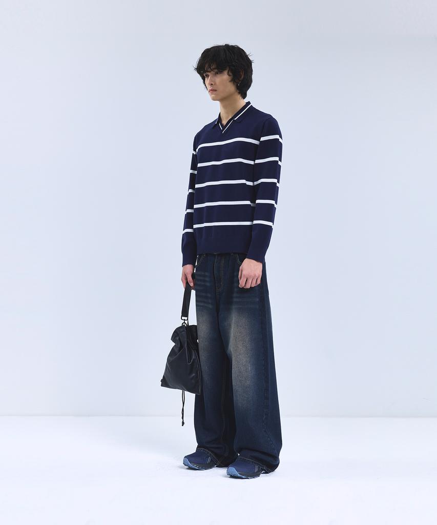 IRONYPORNO WHITELINE 86-Iroj365 Open-Neck Striped Long-Sleeve Knit Blue