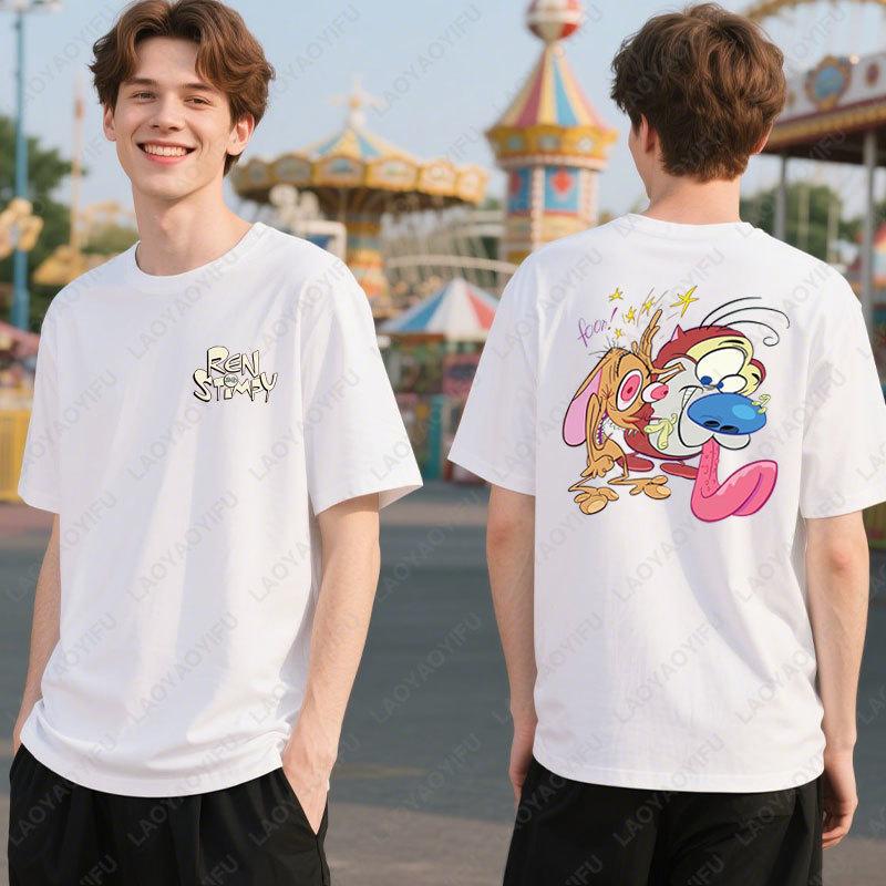 80-е Шоу Рен и Стимпи Телевидение Nickelodeon Мультфильм Двусторонняя Футболка Средняя Харадзюку Милый Летний Стиль Хипстер Хлопковые Футболки
