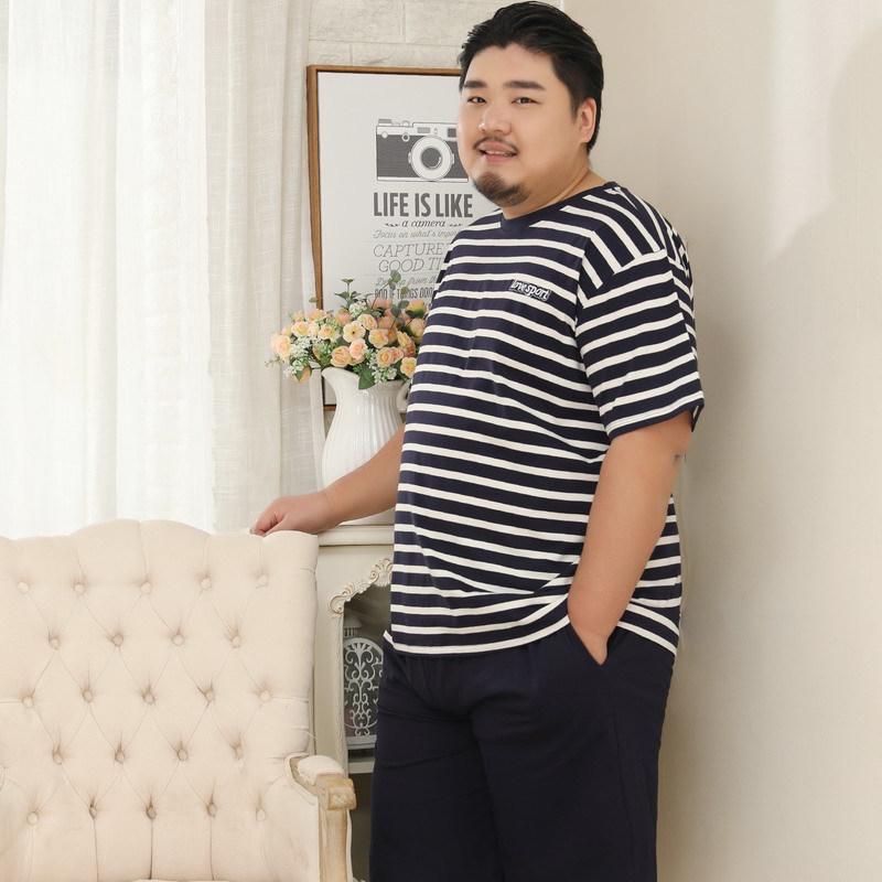 Мужской хлопковый пижамный комплект Mei Ji Yun 5XL - Топ с коротким рукавом и длинные брюки, Большой размер, Круглый вырез