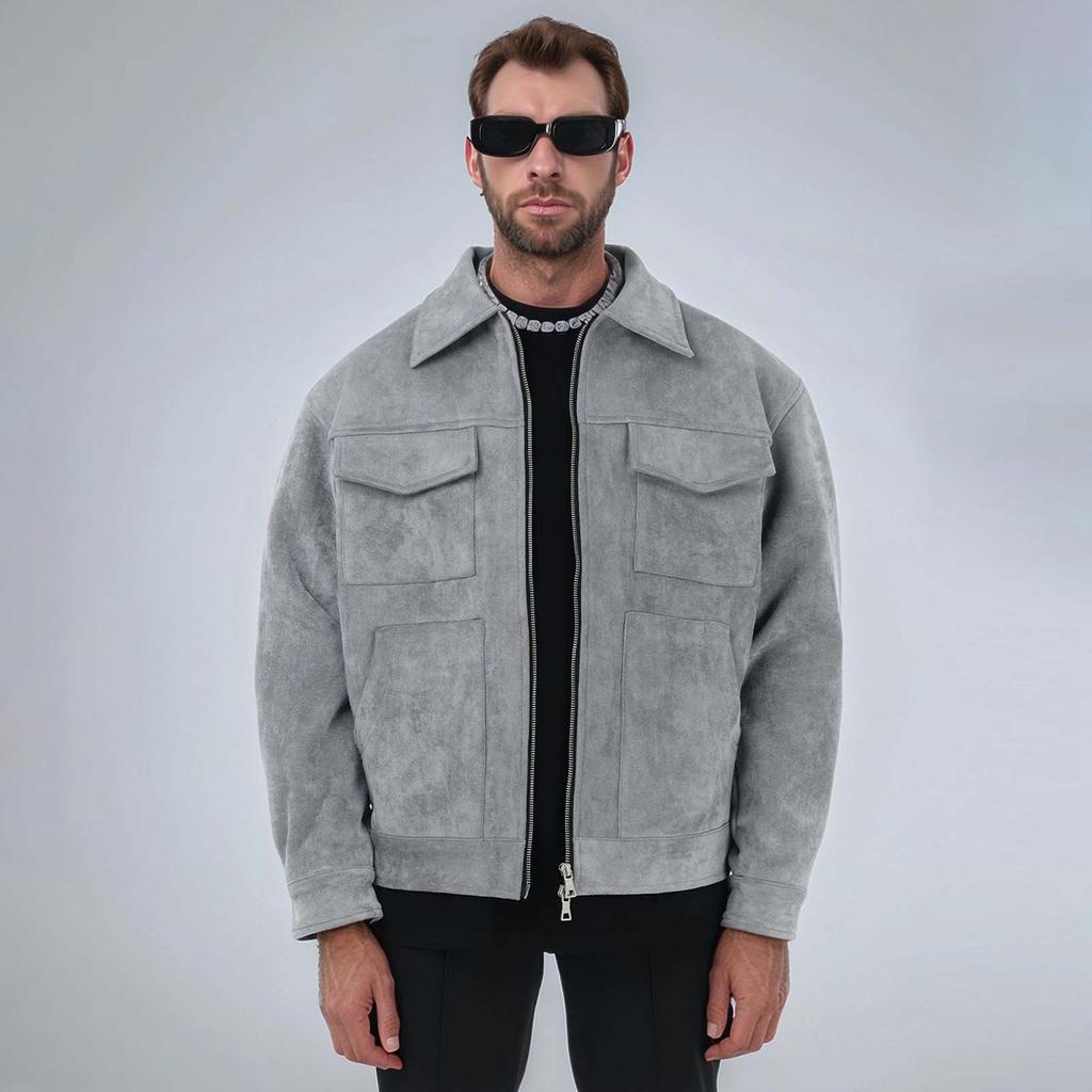 Мужская однотонная куртка с лацканами, повседневная удобная утолщенная куртка на молнии с большими карманами