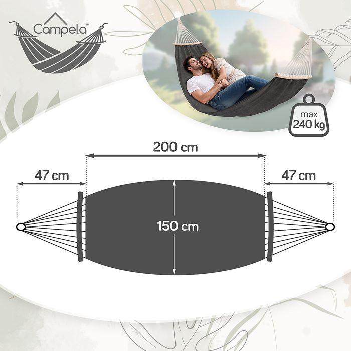 Hamac de jardin et camping 2 personnes 200x150 cm 240 kg Gris - Campela (CA1701GRY)