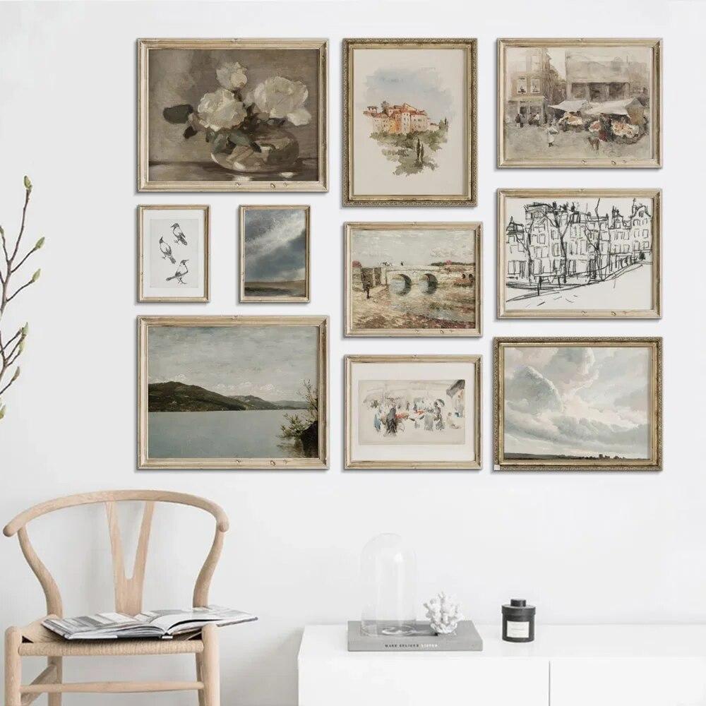 Vintage Gallery Wall Print Lake Cloud Landscape Flower Canvas Paintings Nordic Posters and Prints Living Room Home Decoration