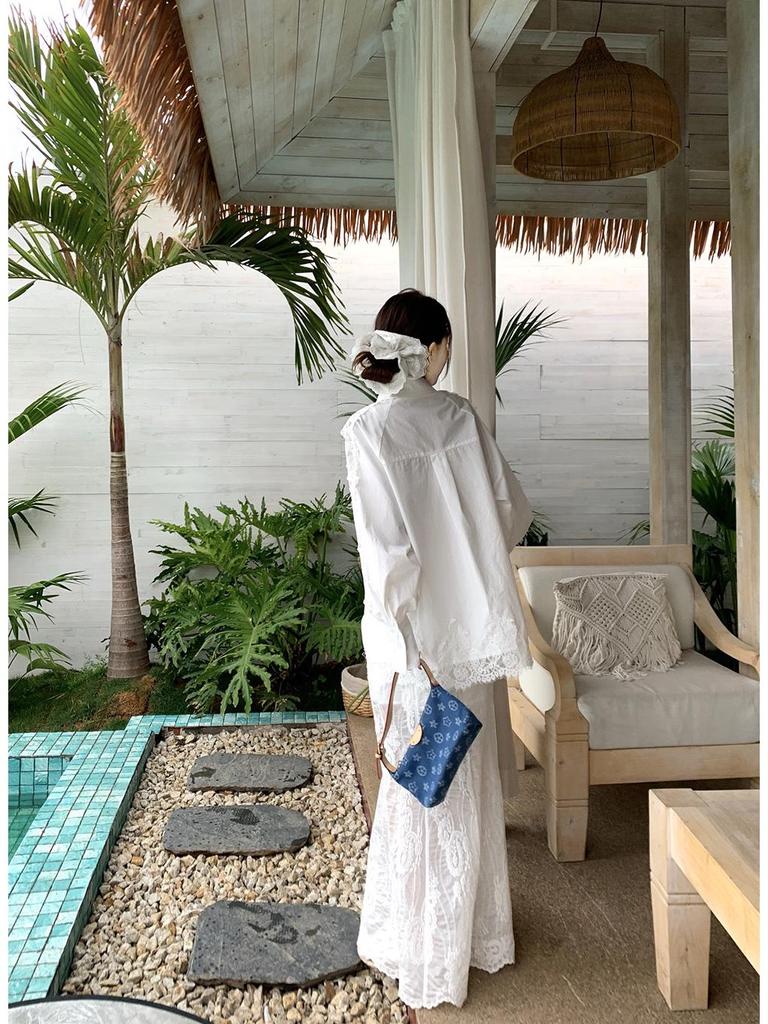 Korean Lace Long-Sleeved Shirt with Suspenders & White Fishtail Maxi Skirt - Women's Three-Piece Set for Spring/Summer 2025