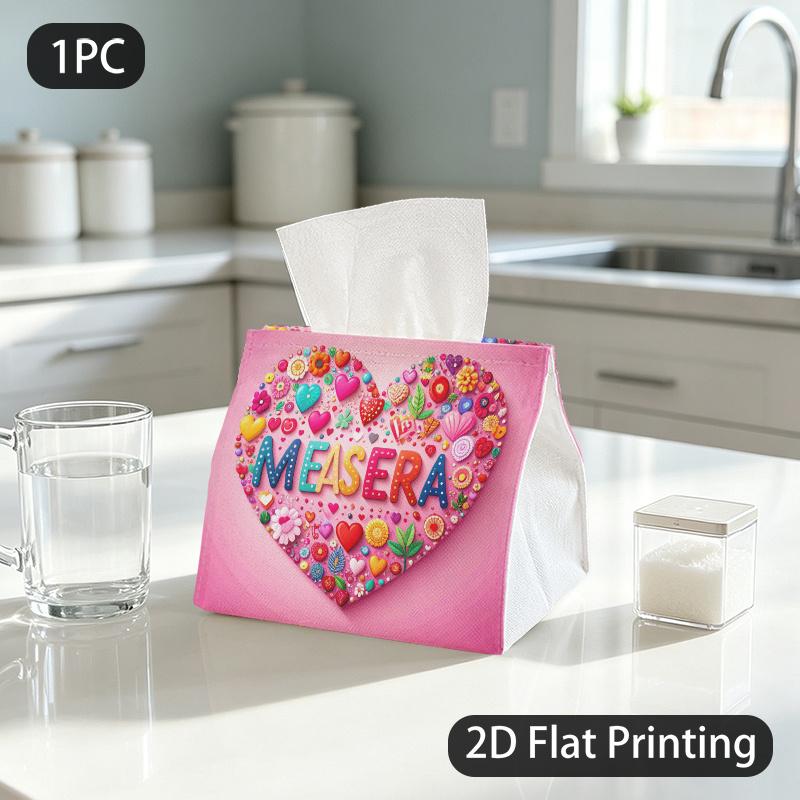 1pc Tissue Box, Cute Playful Heart Floral Warm Loving Pattern, 2D Flat Printing, Polyester Fabric, Folds Flat, Tissue Holder, for Washrooms