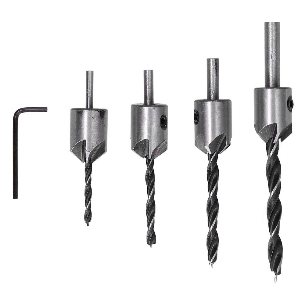 4PCS 5 Flute Countersink Drill Bit Set Metric Size High Carbon Steel Reaming Tool Set Positioning Design Hex Key Wrench Included