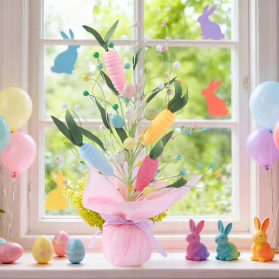 Искусственные пасхальные горшечные растения 16,5" Дерево с пасхальными яйцами Настольные украшения с морковками из синельной проволоки Искусственные цветы для каминной полки Дома Весенний декор