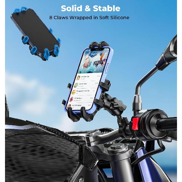 Motorcycle Phone Mount With Vibration Dampener, Anti-Shake Bike Phone Holder With Aluminum Alloy Handlebar Clamp, One-Handed Operation Motorcycle