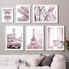 Pink Flower Balcony Tower Paris Car Bicycle Umbrella Wall Art Print Canvas Painting Nordic Poster Decor Pictures For Living Room