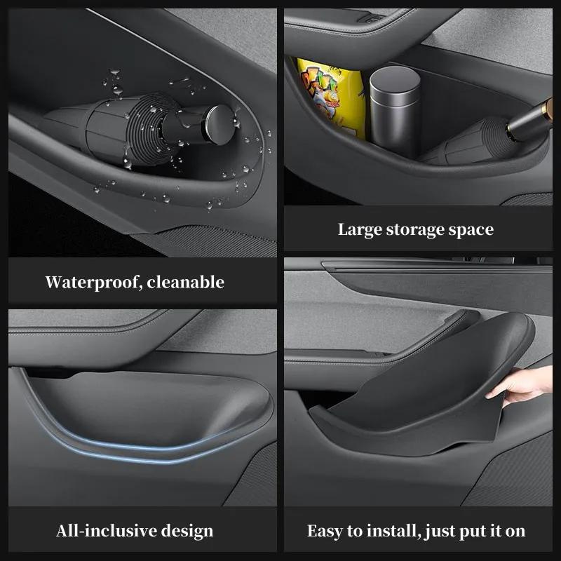 For Tesla Model Y YL Juniper 2025 2026 Door Side Storage Box Fully Covered TPE Front Rear Door Organizer Tray Car Accessories