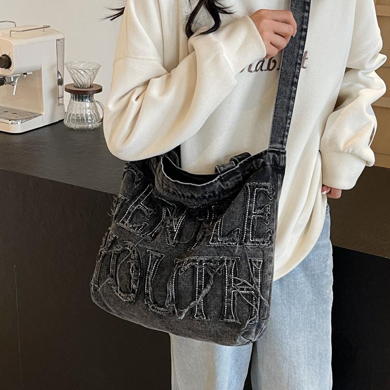 Джинсовая сумка-тоут, женская сумка через плечо с буквенным принтом, большая вместительная портативная сумка через плечо