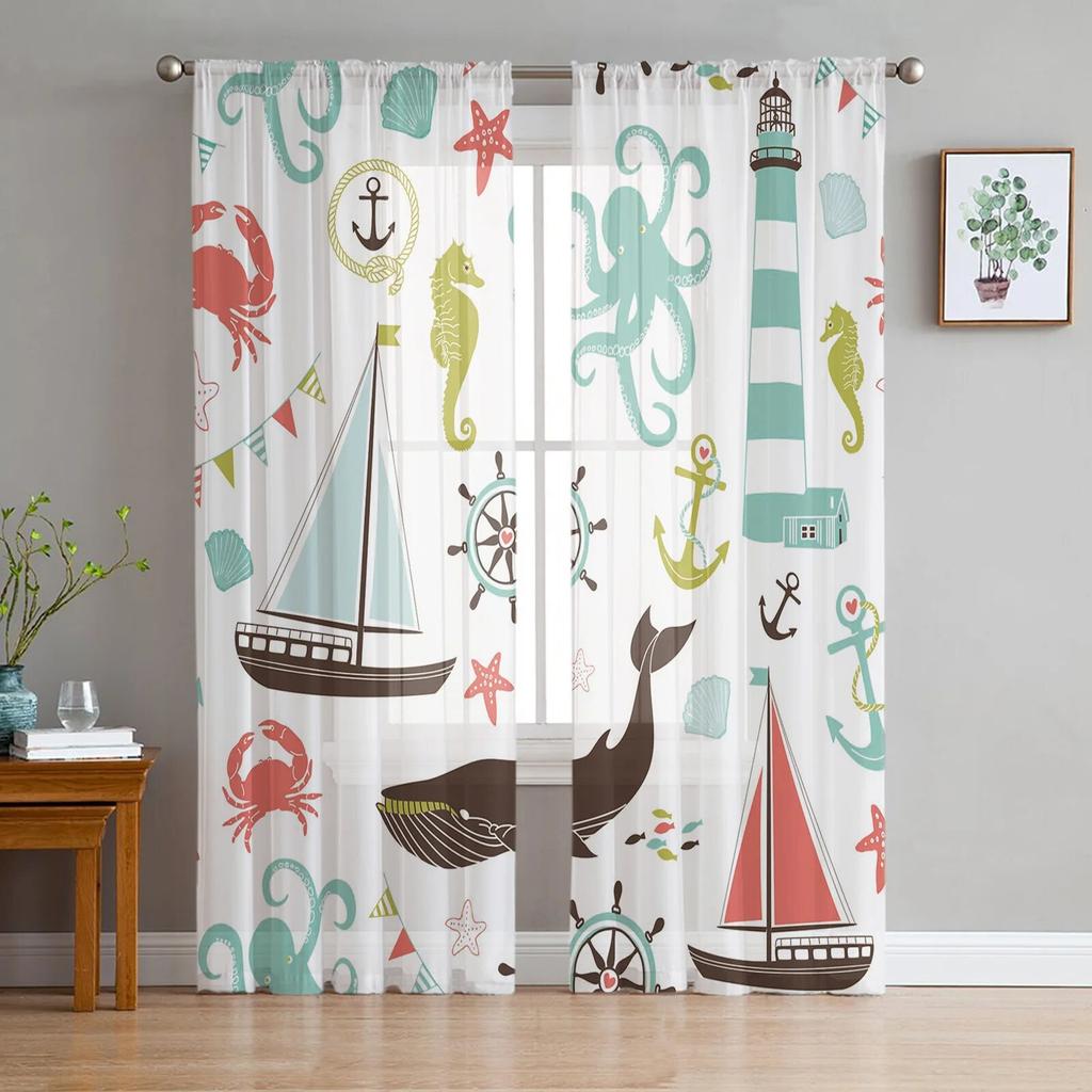 Marine Elements Lighthouse Vessel Sheer Curtains for Living Room Modern Voile Curtain Bedroom Tulle Curtains Window Drapes Decor