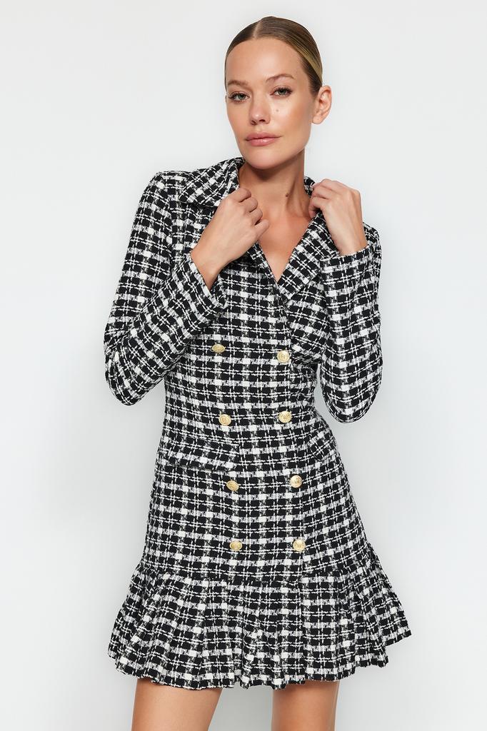 Women's Dress New Season Fashion Black Skirt Flounced Button Detailed Tweed Woven Dress