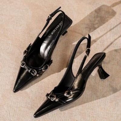 Мода Модные Сандалии Баотоу Женские Новые Остроносые С Мелким Вырезом Металлическая Пряжка Набор На Стопу Противоскользящие Износостойкие Туфли на Каблуке