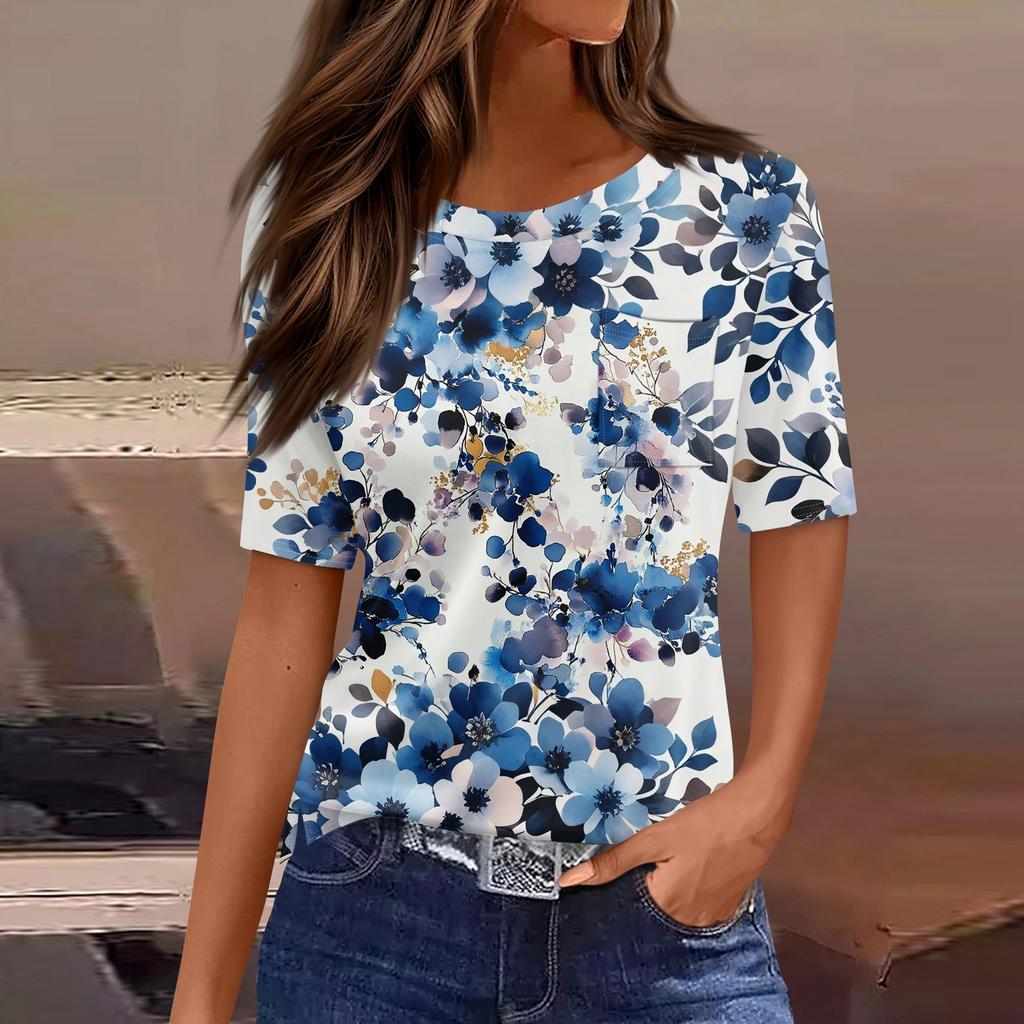 T Shirts For Women Round Neck Dressy Casual Blouses Printing Short Sleeve Summer Tops Loose Fit