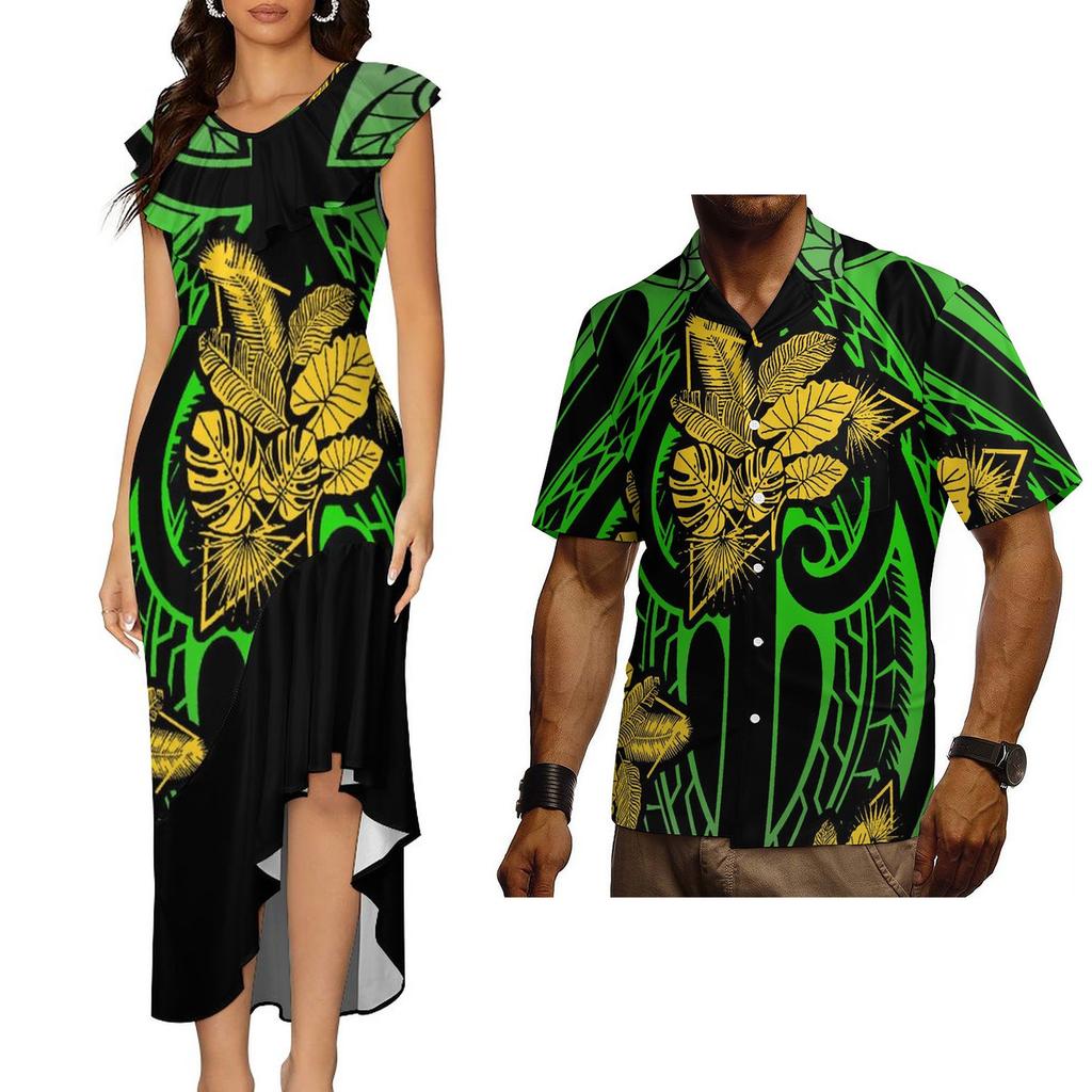 Polynesian Tribal Traditional Samoan Puletasi Dress for Women Custom Elegant Dresses Vintage Floral Dress Couple Set