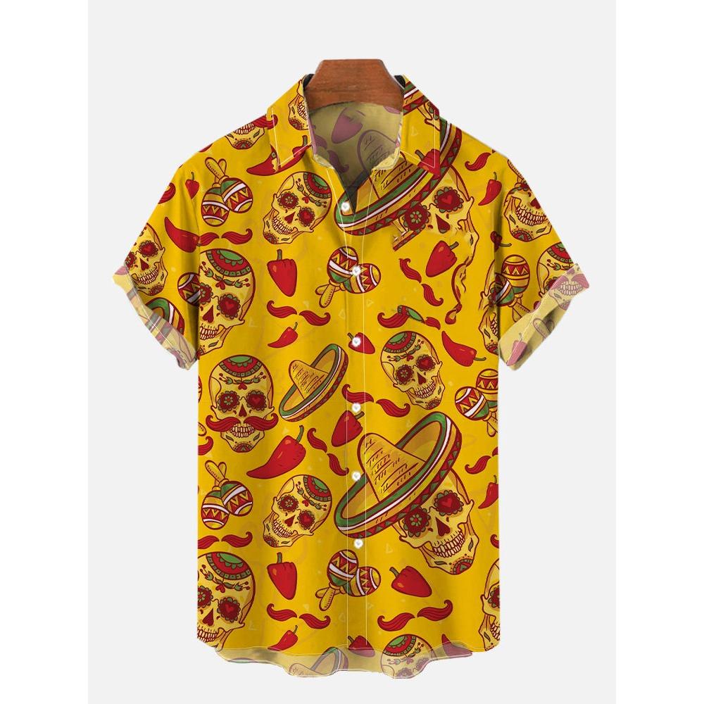 Men's Shirts Mexican Style Skull Pattern 3D Print Tops New Summer Casual Fashion Beach Party Tops Short Sleeves Men Clothing