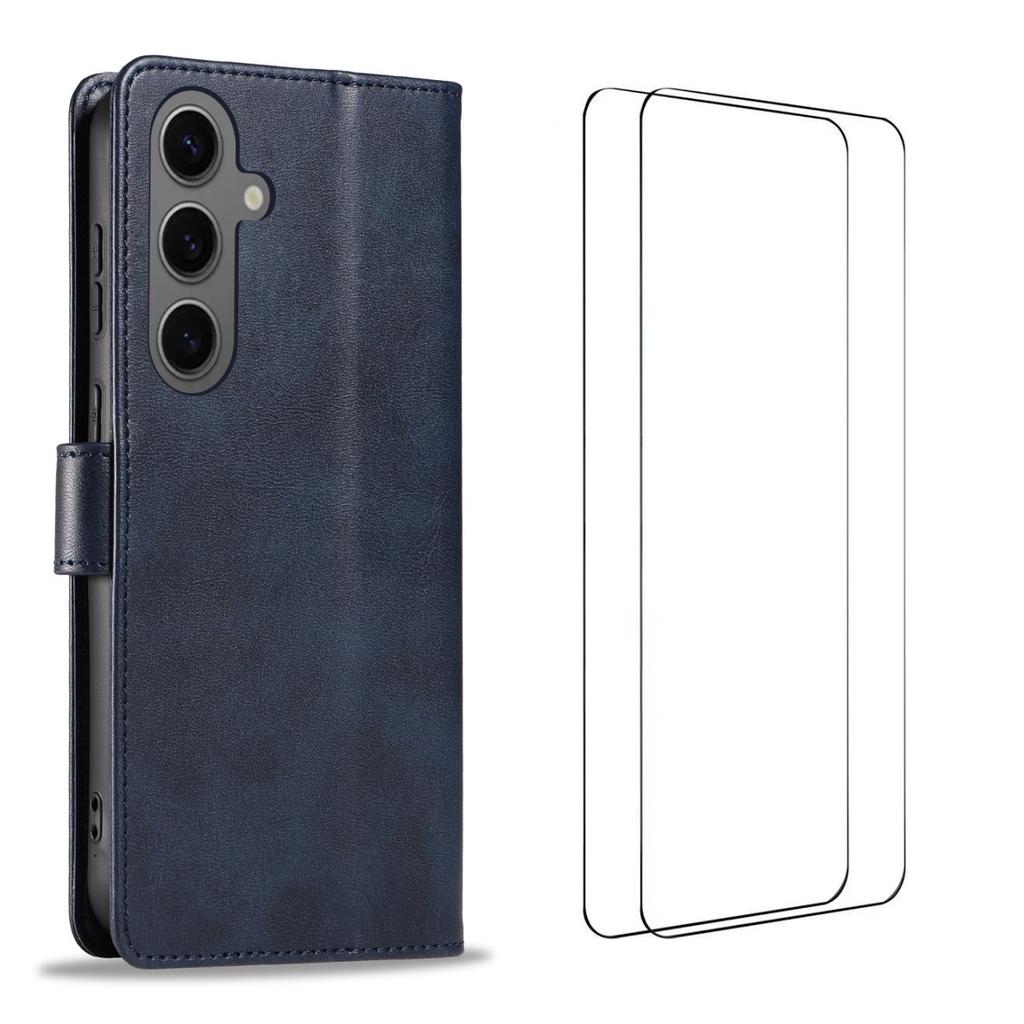 For Samsung Galaxy S24+ Case with 2Pcs Tempered Glass WANLONFENG WN Series Calf Texture Leather Phone Cover Big Cutouts