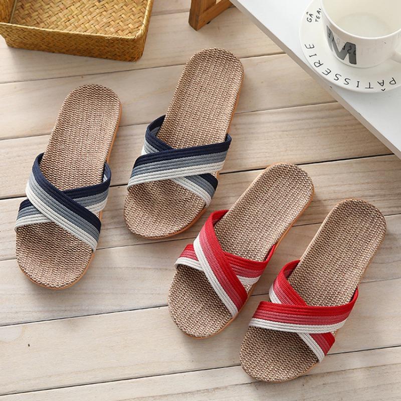 Летние льняные тапочки для дома, домашние пары, впитывающие пот, бесшумные деревянные полы, домашние сандалии и тапочки на толстой подошве из хлопка и льна