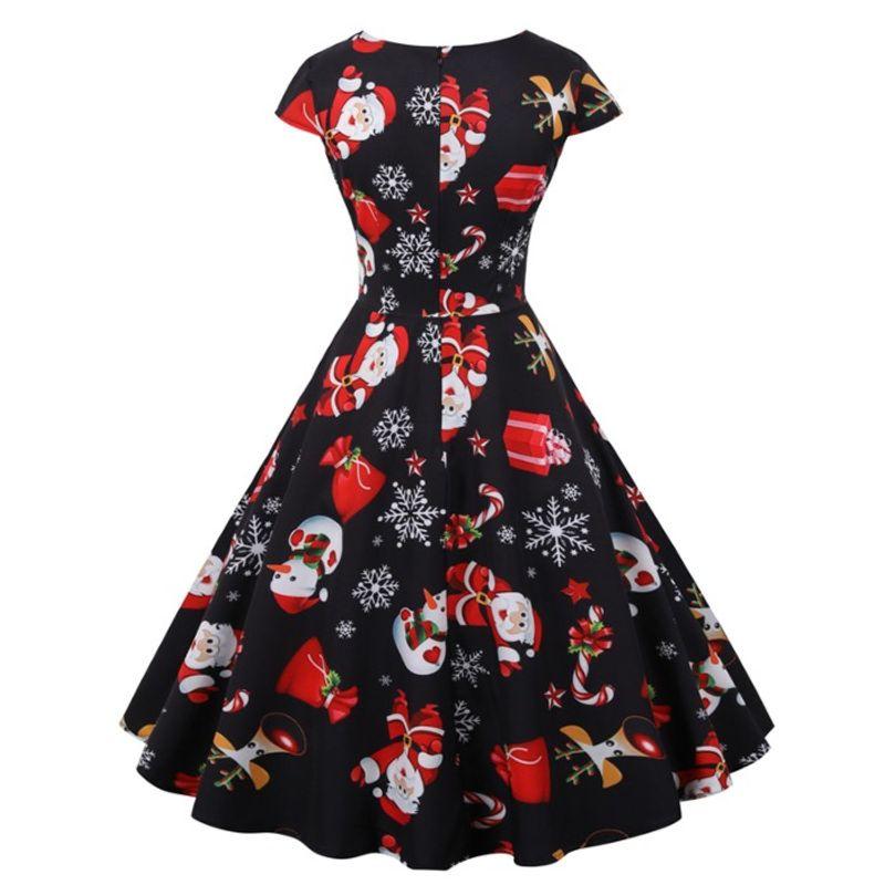 Весна Новый Новый Рождественский Стиль V-образный вырез Короткий рукав Принт Миди Длина Длинное Платье Платье Рождественское Платье