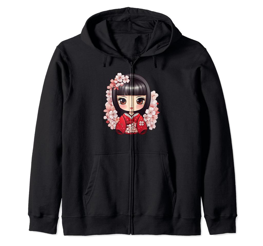 Cute Cherry Blossom Kokeshi I Kokeshi Zip Hoodie