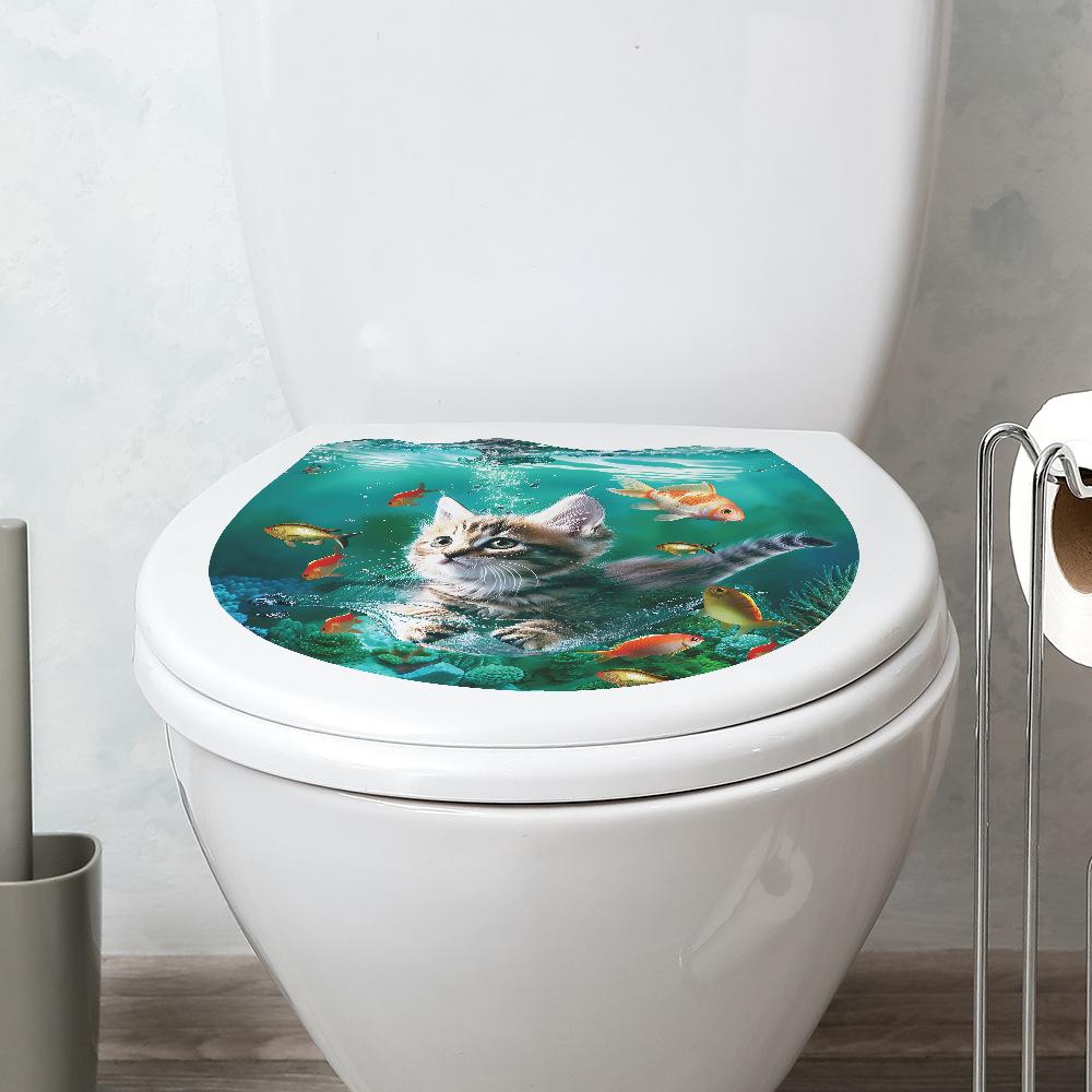 Мультфильм Подводный мир Кошка Туалет Наклейки Ванная Комната Украшения Дома Наклейки На Стены