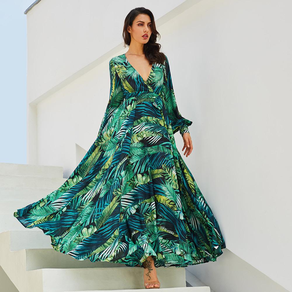 Spring and summer new European and American women's dress v-neck lantern sleeve red leaf print dress, big swing dress