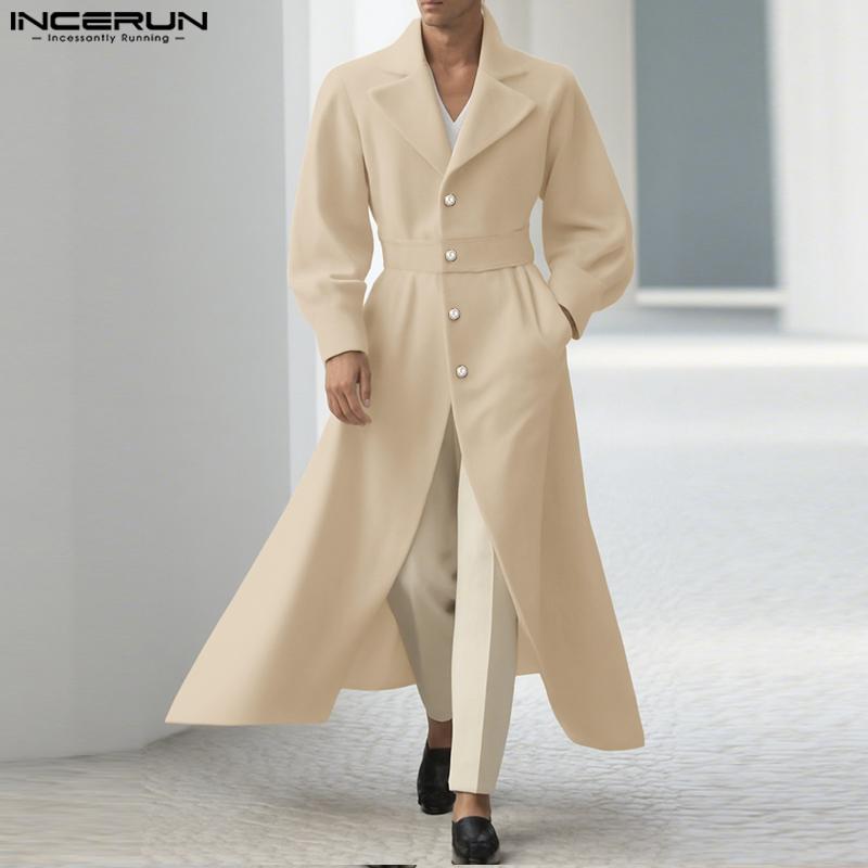 INCERUN Зимние мужские пальто из длинной шерсти меланж с отложным воротником