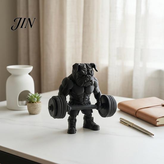 Скульптура Мышечного Бульдога, 3D-печатная Фигурка для Фитнеса, Современная Мускулистая Статуэтка Животного-Собаки со Штангой, Черная для Декора Домашнего Офисного Стола