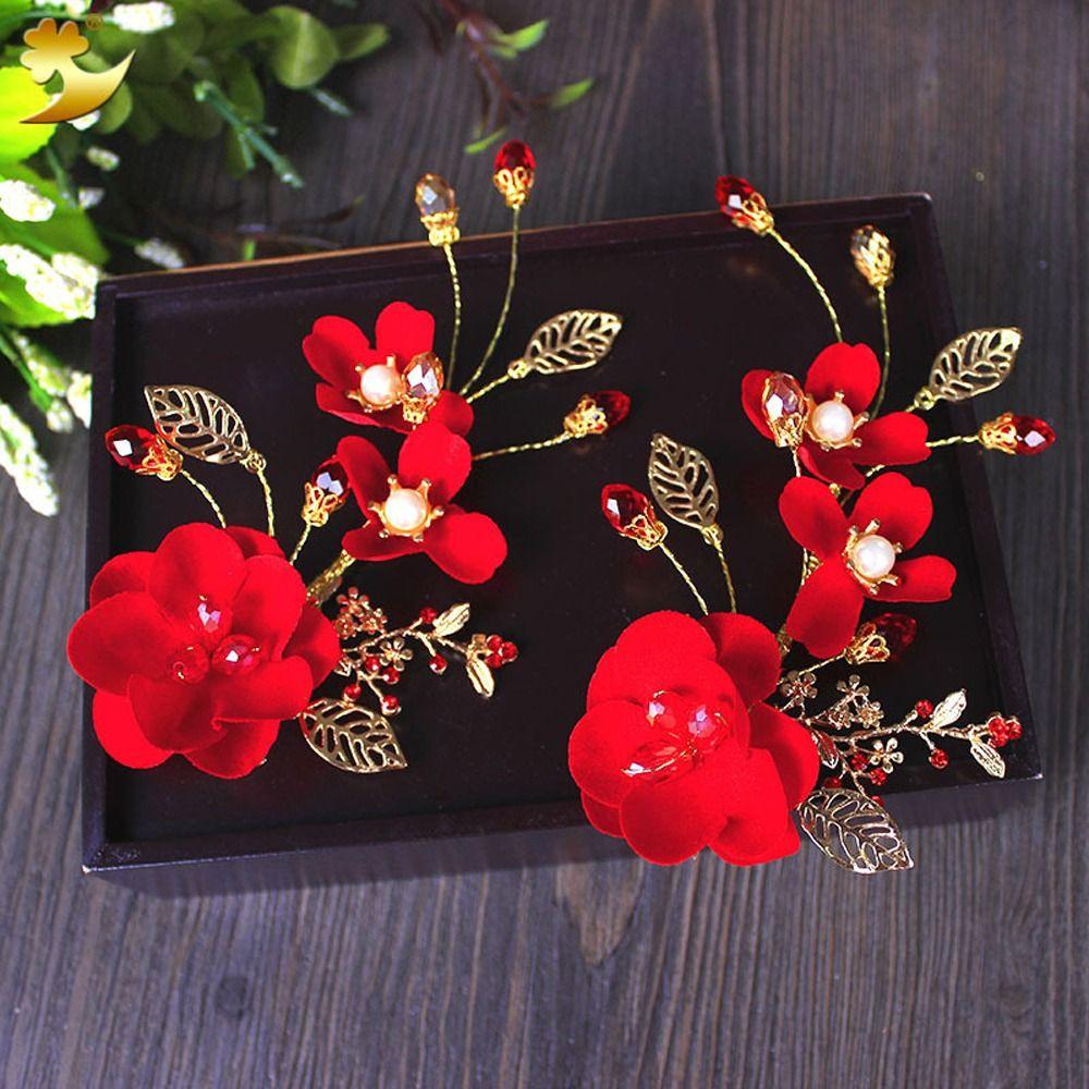 Bride Red Flower Pearl Chinese Hanfu Hair Clips Festival Hairpins Women Barrettes Duckbill Clips