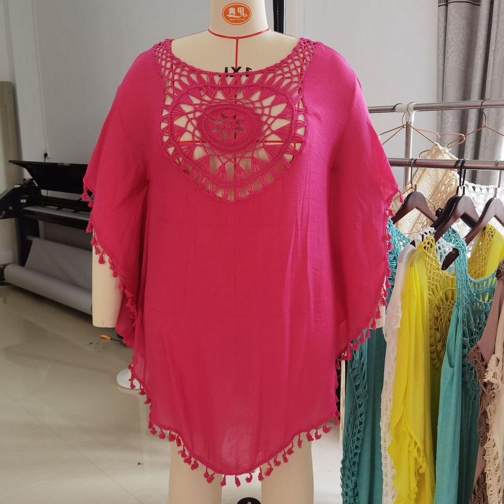 Женское свободное повседневное пляжное бикини с короткими рукавами и кисточками в стиле пэчворк для отдыха