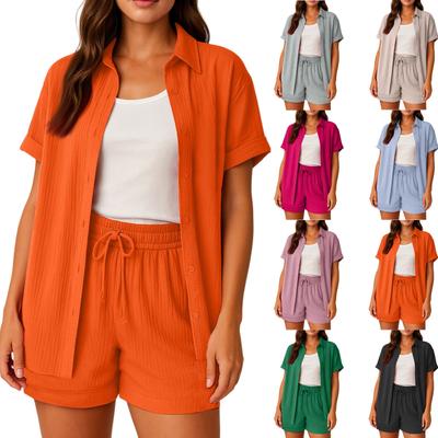 Женский повседневный и модный однотонный топ-рубашка с лацканами и короткими рукавами, комплект шорт на кулиске с высокой посадкой