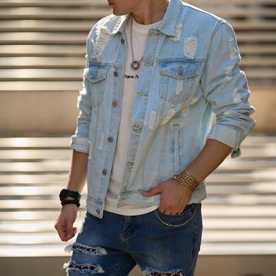 Модные сплошные отверстия для мужчин, осенняя уличная одежда, тонкая джинсовая куртка, высокое качество, повседневное пальто, большие размеры